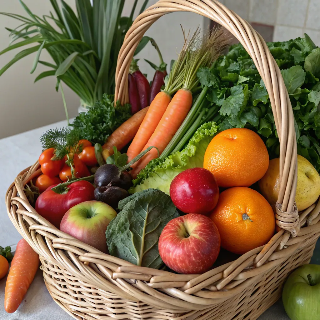 Assortment of fresh fruits and vegetables in a basket